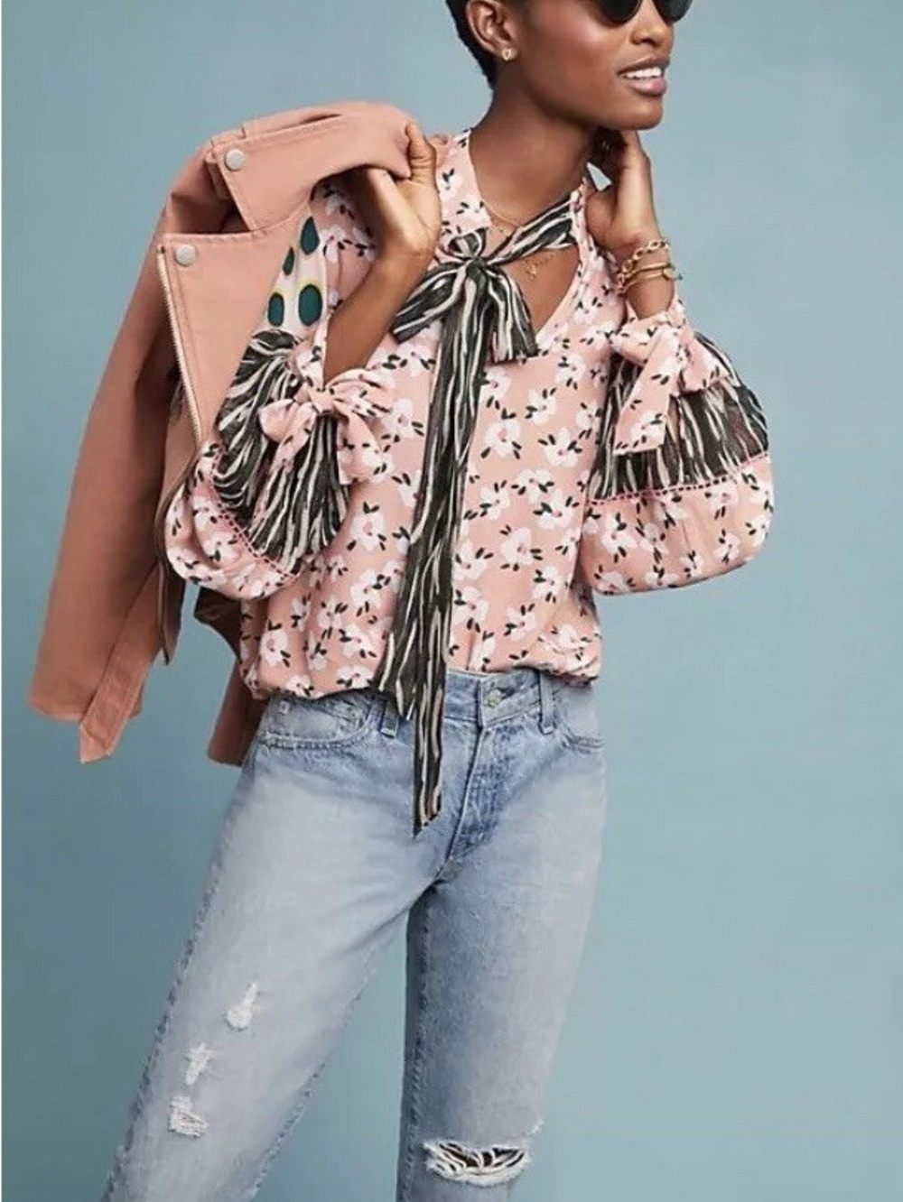 Anthropologie Floral Tie-Neck Blouse in Peach with Contrast Cuffs